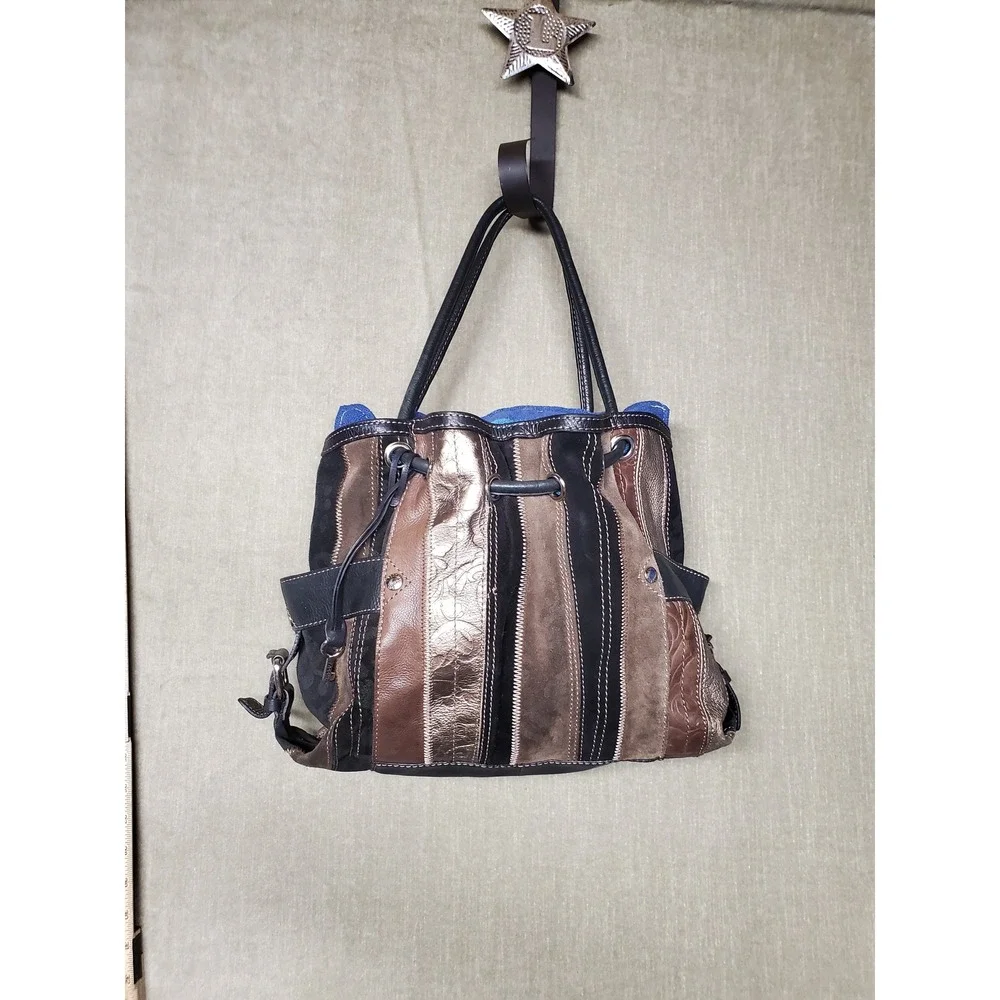 Fossil Y2K Hobo Patchwork Leather Suede Bag Brown Black Bronze Metallic M